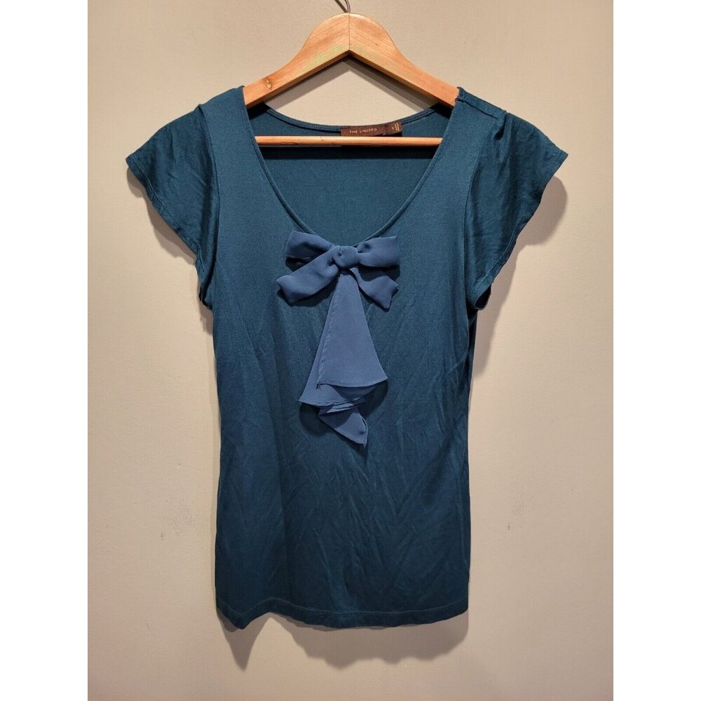 Teal Short Flutter Sleeve V Neck Chiffon Bow Stretch Top Sz S Coquette Y2K
